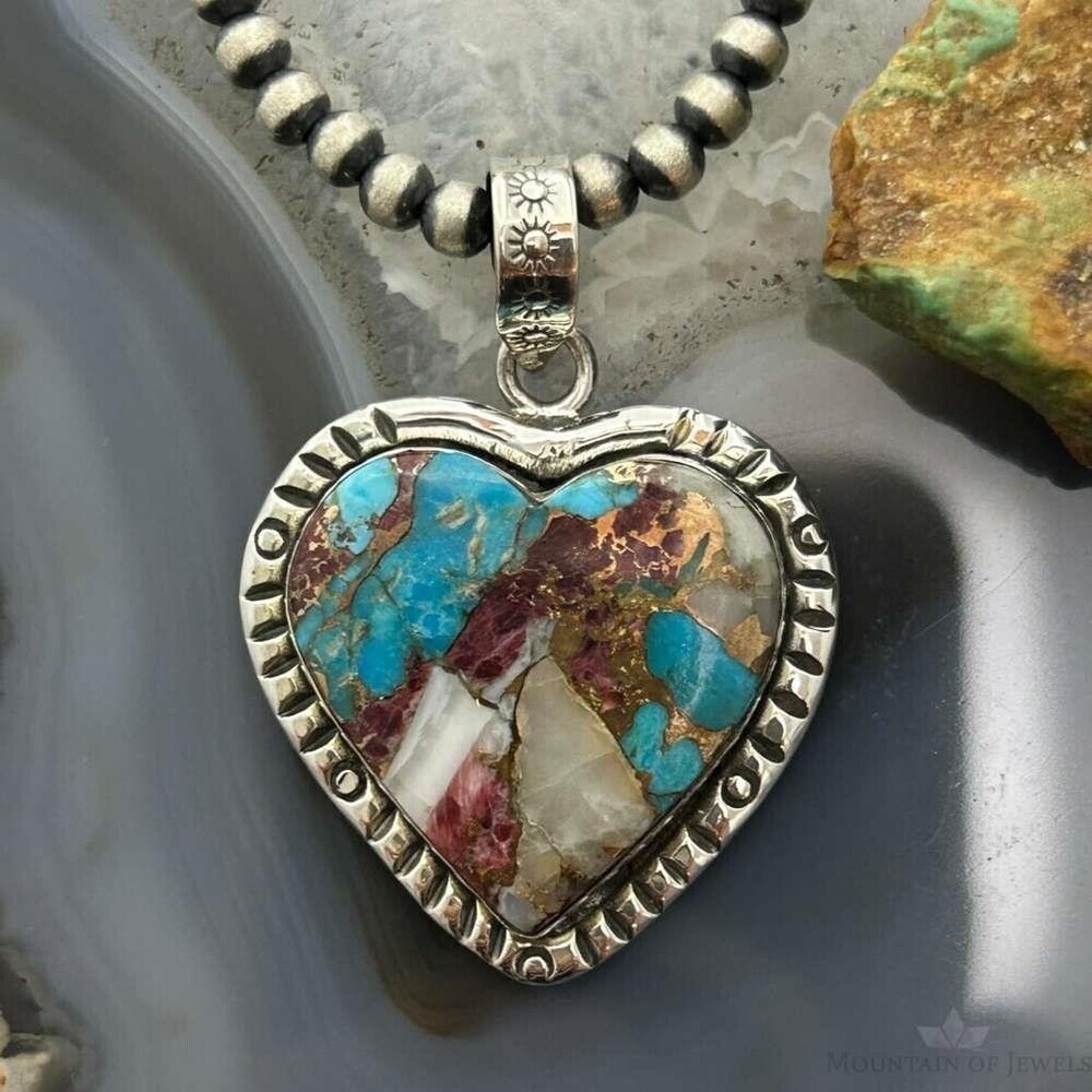 Sterling Southwestern Style Turquoise Spiny Oyster Heart Pendant For Women #2